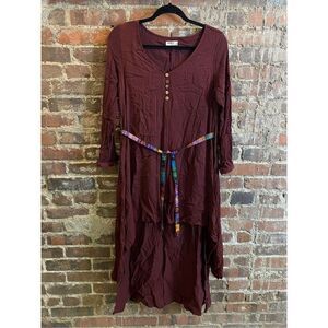 Anself Burgandy Tunic 1/4 Sleeve Colorful Sash Women’s Size M
